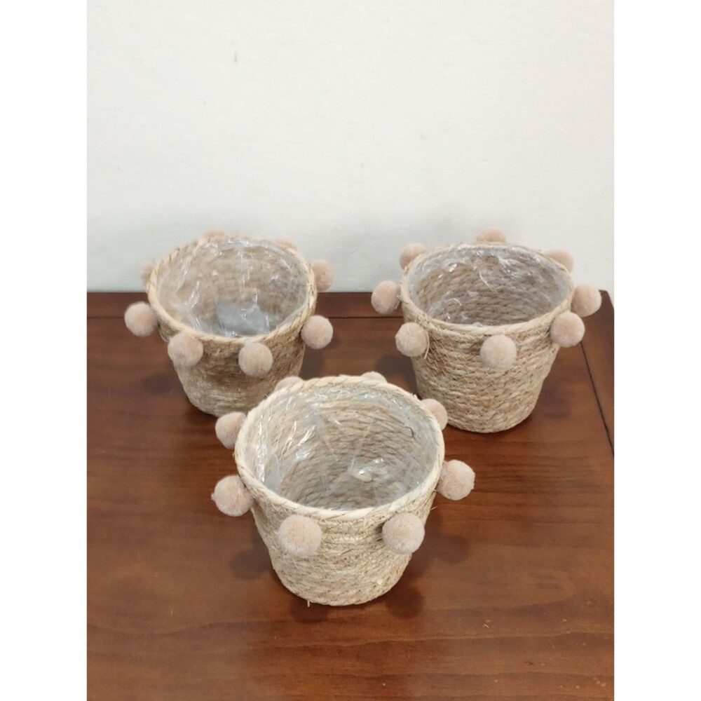 Straw Plant Holders With Pom Poms, Set Of 3